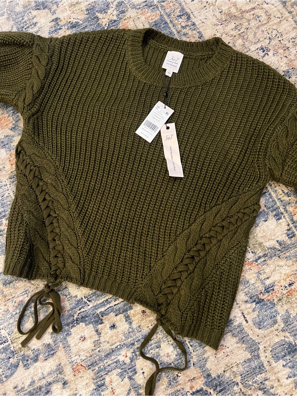 cinq a sept Olive Green Cropped Knit Sweater with Tie Details